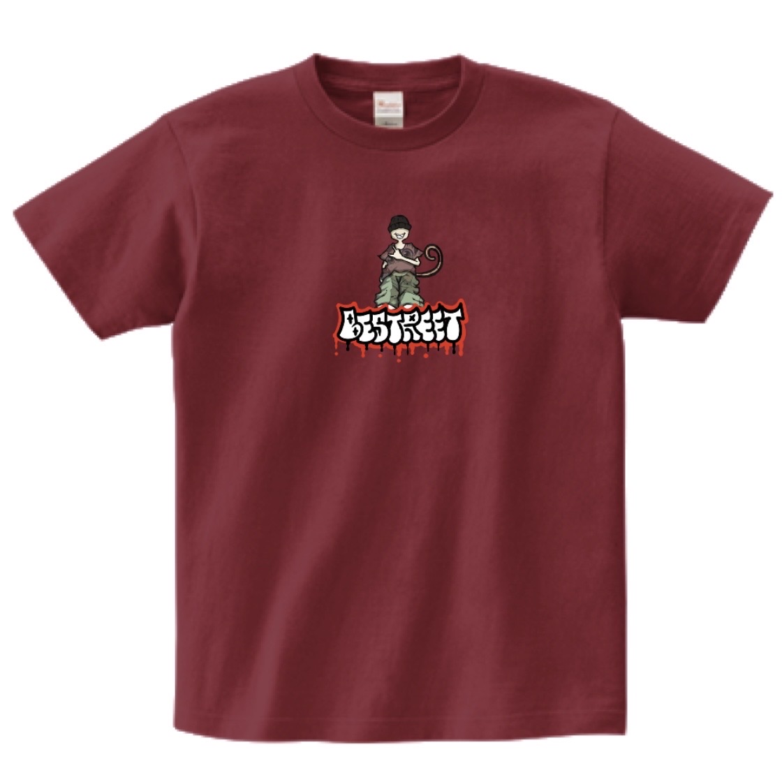 ビストリート赤T ── グラフィティロゴとキャラクターをセンターに置いたバーガンディのストリートTシャツ