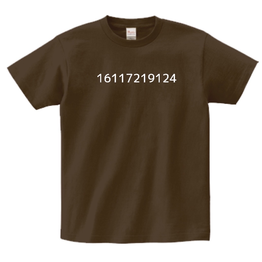 PK Guild数値T表面 ── 胸に16117219124の数字を置いたブラウンのTシャツ
