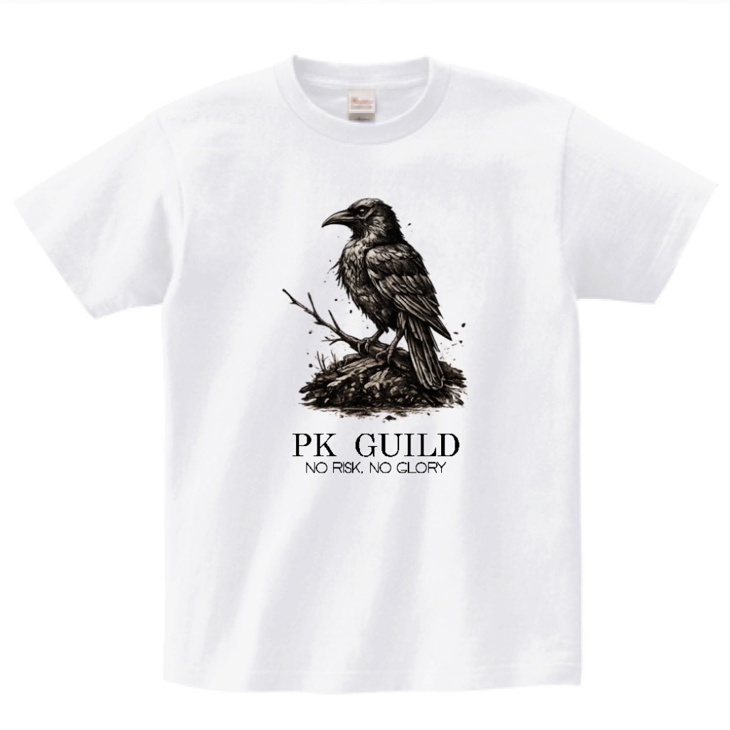 カラスT ── カラスの緻密なイラストとNO RISK, NO GLORYの文字が入った白Tシャツ