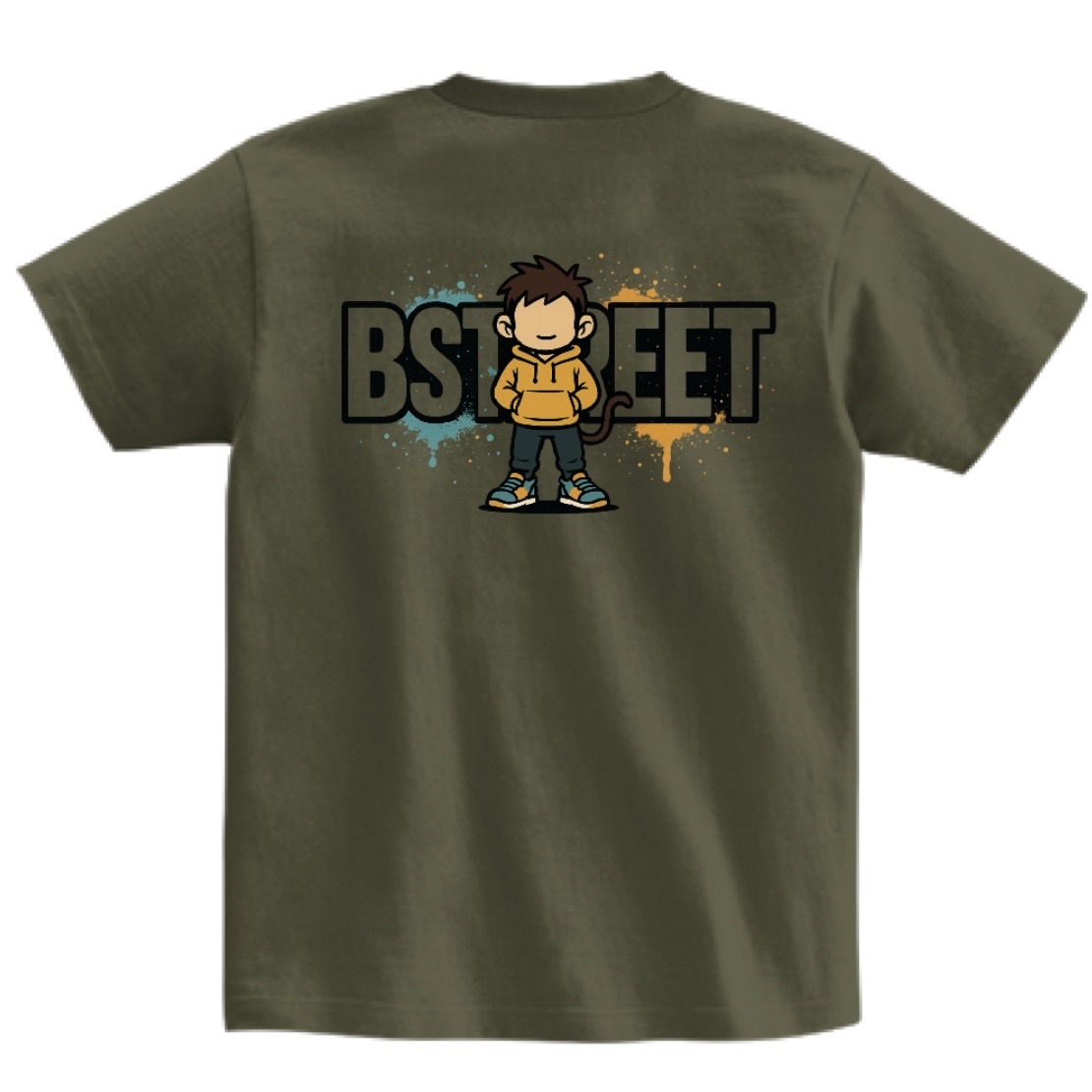 ビストリート緑T両面版の裏 ── BSTREETの大きなロゴとキャラクターを背面に描いたアーミーグリーンのTシャツ